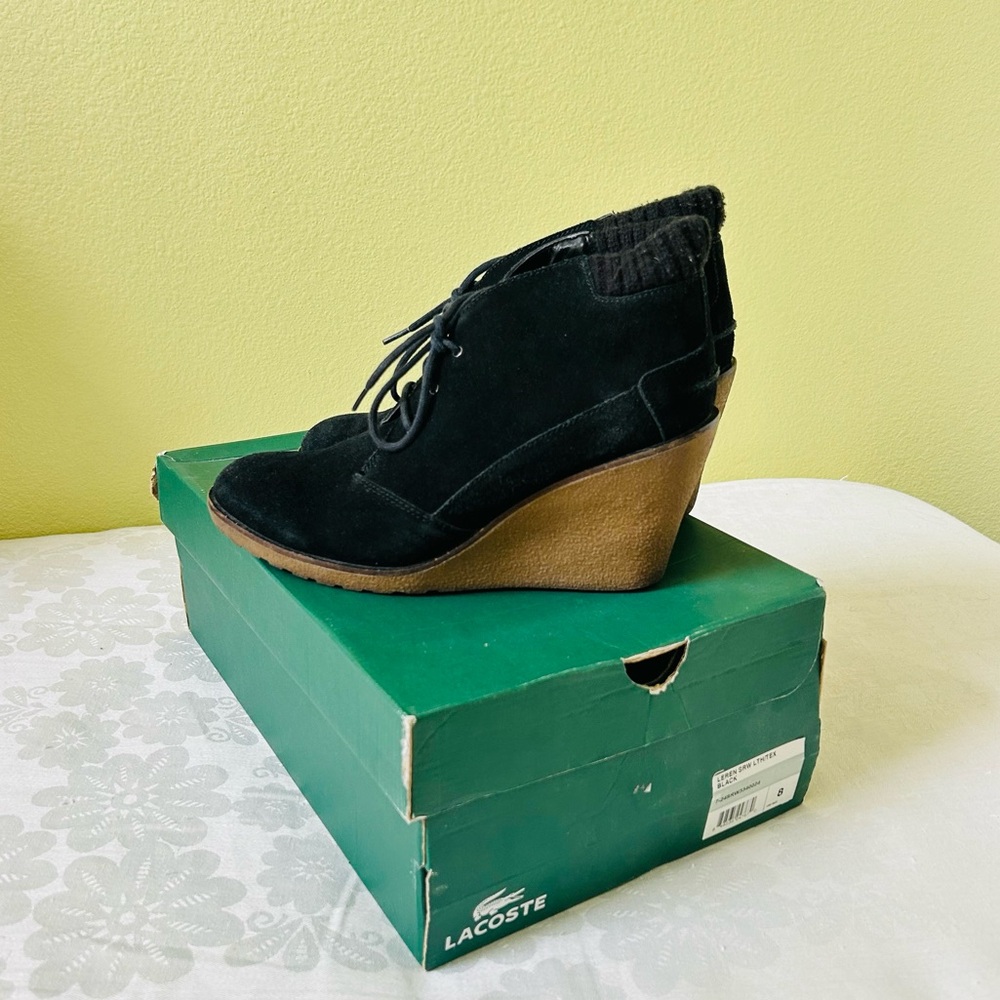 Lacoste Leren SRW Suede Ankle Wedge Booties Black 8